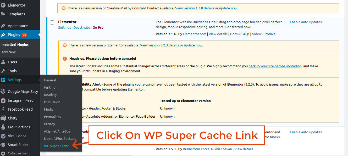 Click on WP super cache link