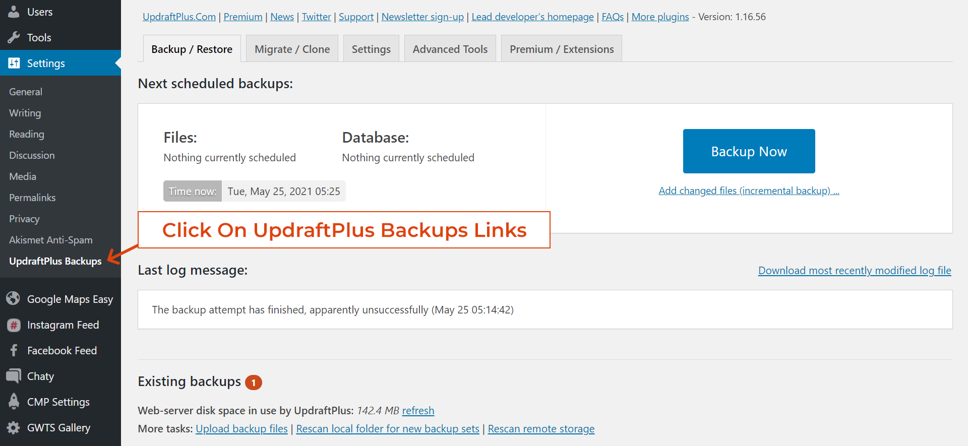 Click on updraftplus backup links