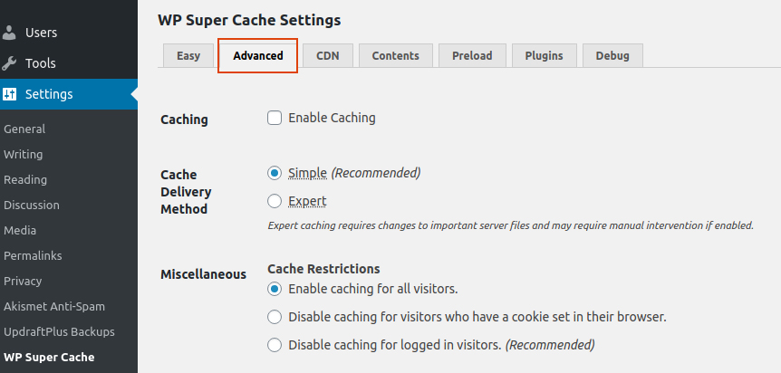 Click on wp super cache settings