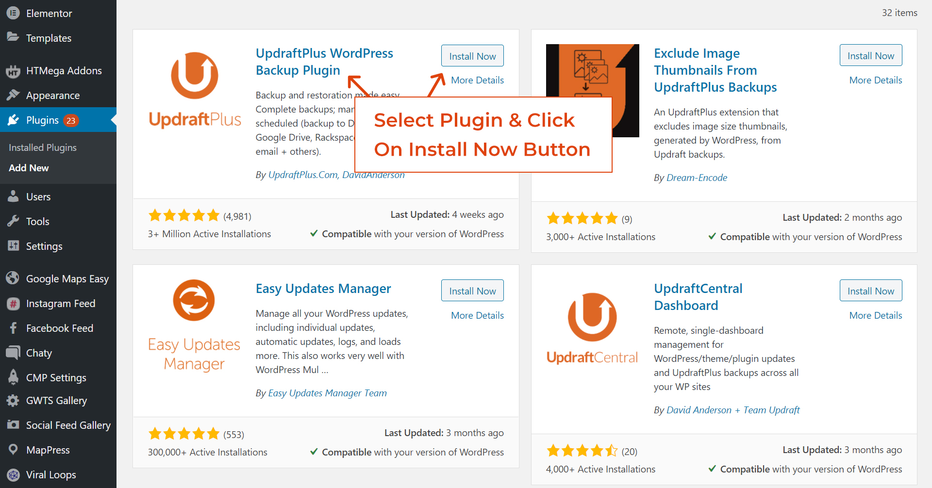 Select Updraftplus plugin and click on install now